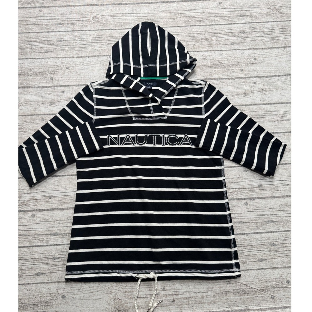 Nautica Hoodie Women's Small Black White Striped Drawstring Pullover Sweatshirt